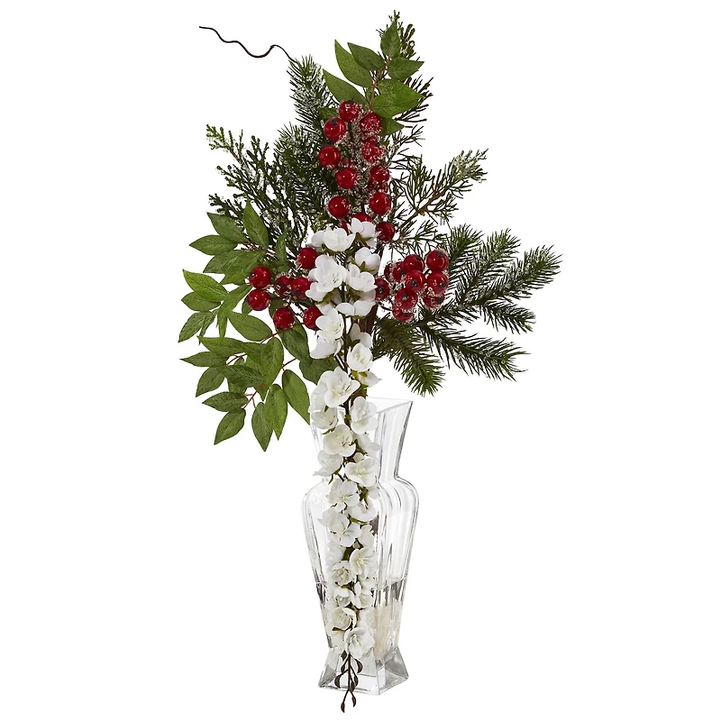 25in. Wisteria, Iced Pine & Berries Arrangement in Glass Vase