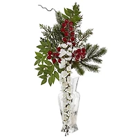 25in. Wisteria, Iced Pine & Berries Arrangement in Glass Vase