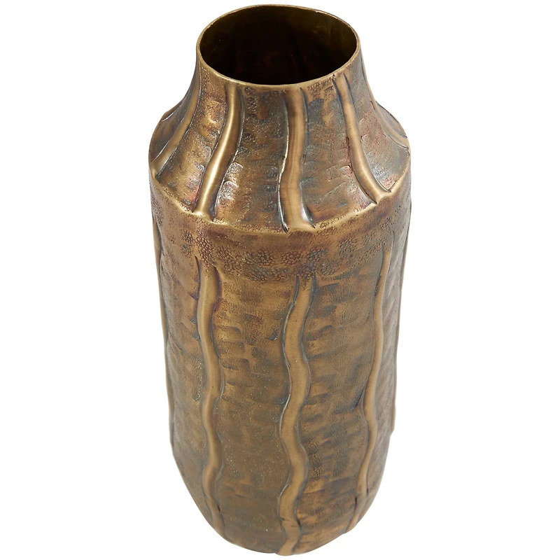 14" Brass Metal Snakeskin Inspired Vase with Dimensional Wavy Accents