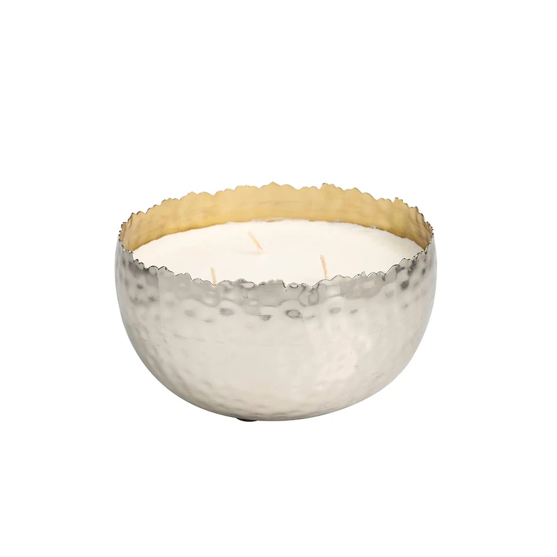 30oz Vanilla Marshmallow Scented White 3 Wick Candle in Hammered Silver Bowl