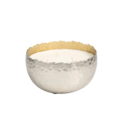 30oz Vanilla Marshmallow Scented White 3 Wick Candle in Hammered Silver Bowl