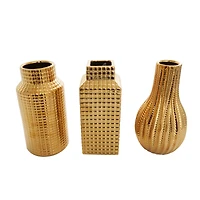 8" Gold Ceramic Geometric Dimensional Textured Vase Set with Grid Patterns