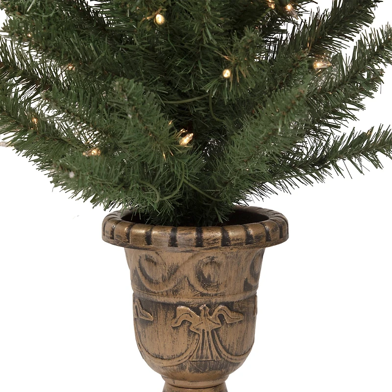 2 Pack 4ft. Pre-Lit Porch Pine Topiary Artificial Potted Christmas Trees, Clear Lights