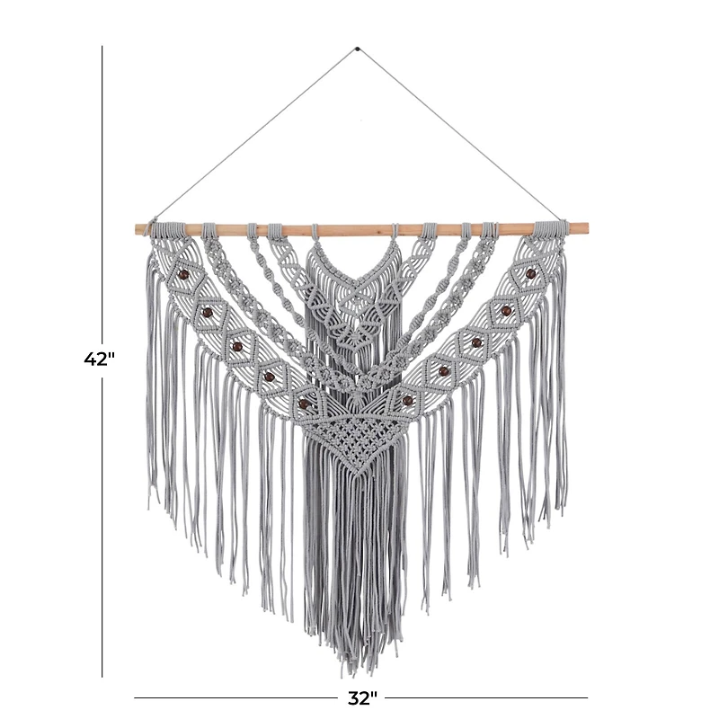 Gray Cotton Handmade Intricately Weaved Macrame Wall Decor with Beaded Fringe Tassels 32" x 1" x 42"