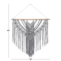 Gray Cotton Handmade Intricately Weaved Macrame Wall Decor with Beaded Fringe Tassels 32" x 1" x 42"