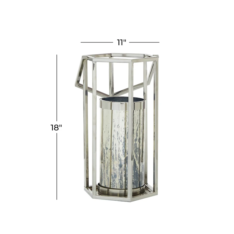 Silver Stainless Steel Contemporary Lantern, 18" x 10" x 11"