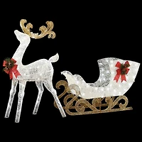 48" White Sisal Reindeer Pulling Sleigh with 140 Cool White LED Lights