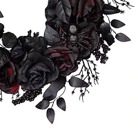 24" Burgundy & Black Roses with Spiders Halloween Wreath