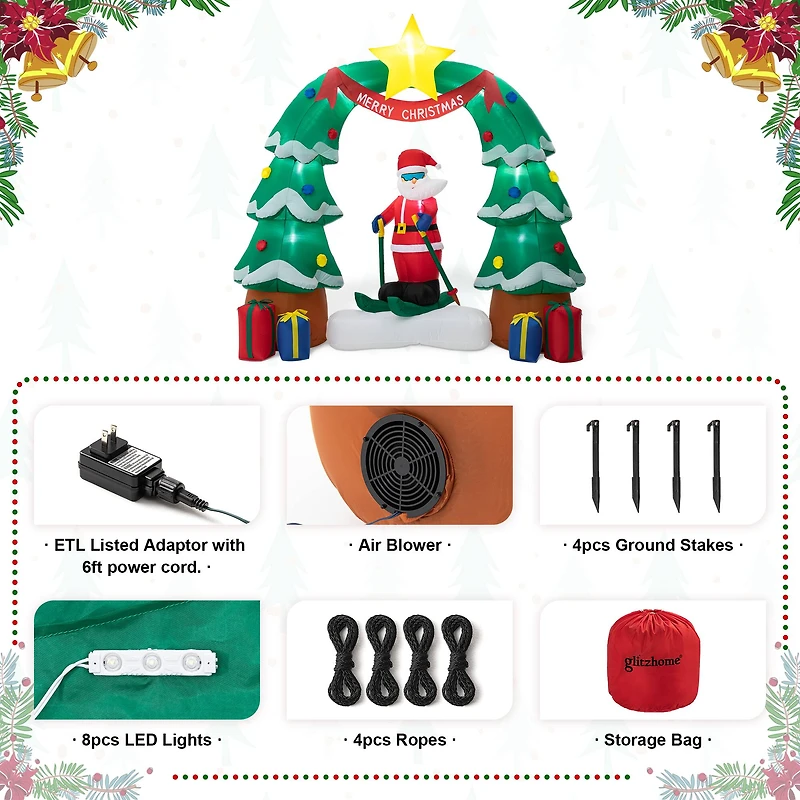 Glitzhome® 7ft. LED Lighted Inflatable Santa Skiing under Tree Arch Décor