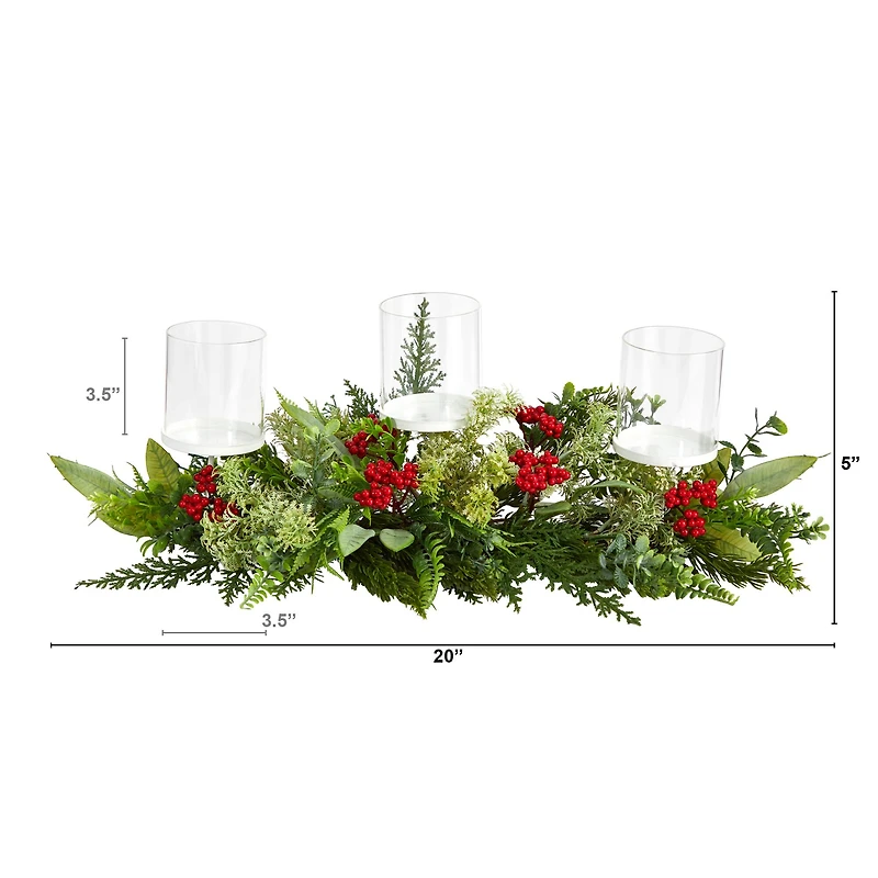 20" Winter Greenery & Berries Triple Candle Holder Christmas Table Arrangement