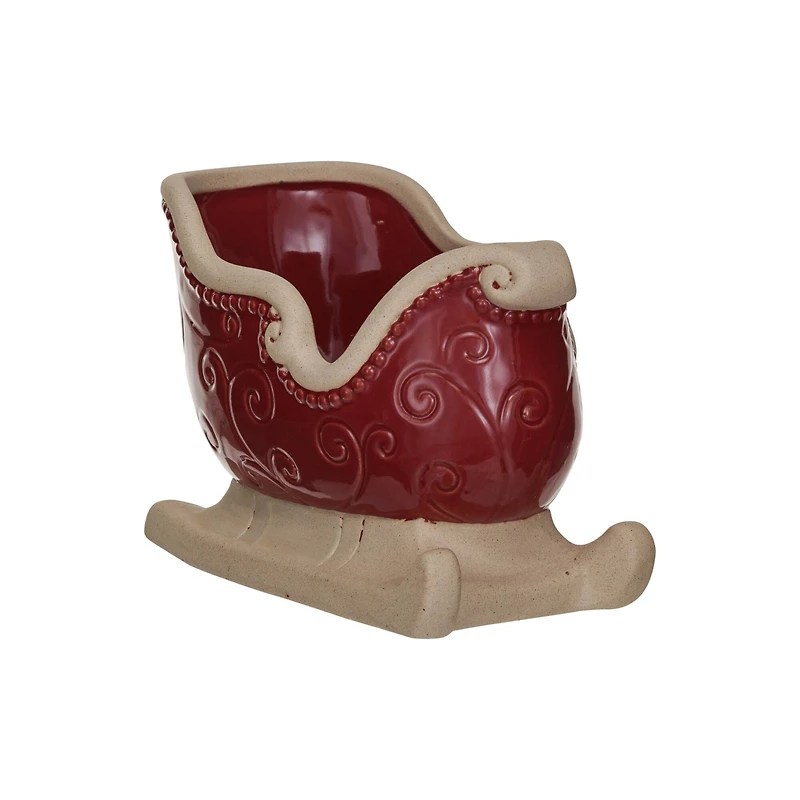 Hello Honey® 6.25" Unglazed & Red Debossed Scrollwork Stoneware Sleigh