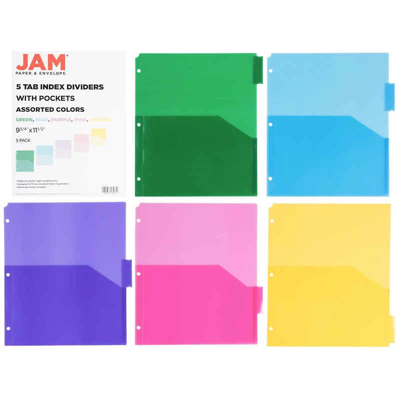JAM Paper 9.75" x 11.5" 5-Tab Plastic Index Tab Dividers with Double Pockets
