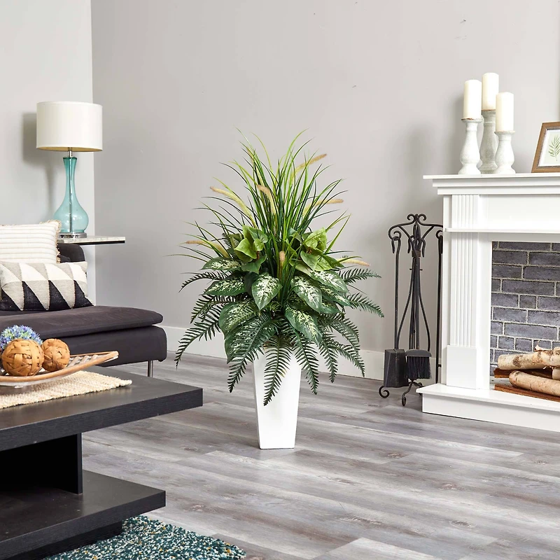 4ft. Mixed River Fern & Dogtail In White Tower Planter