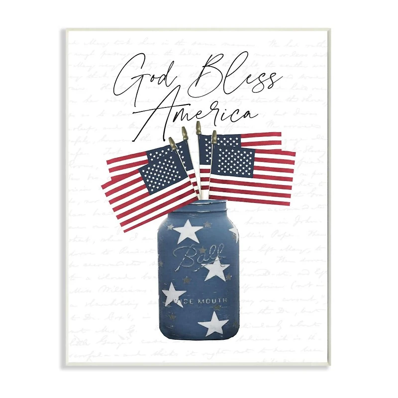 Stupell Industries Patriotic God Bless America Country Quote Jar Flags Wood Wall Plaque