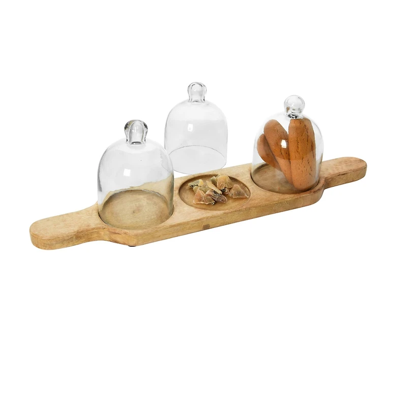 Hello Honey® Mango Wood Serving Tray with 3 Glass Cloches Set