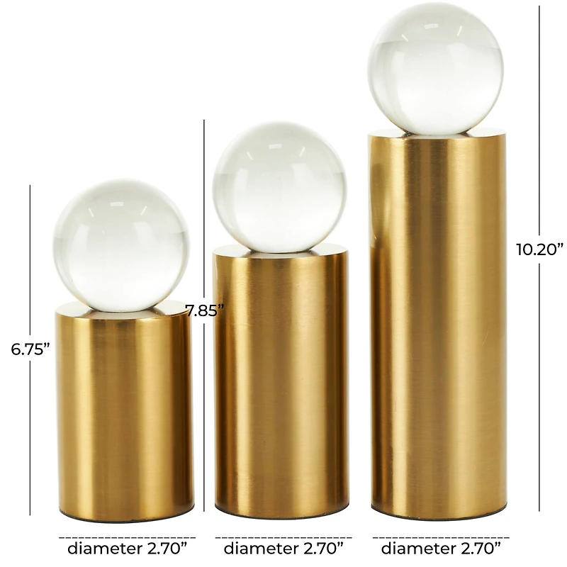Brushed Gold Metal Geometric Cylinder Posts with Glass Orb Sculpture Set