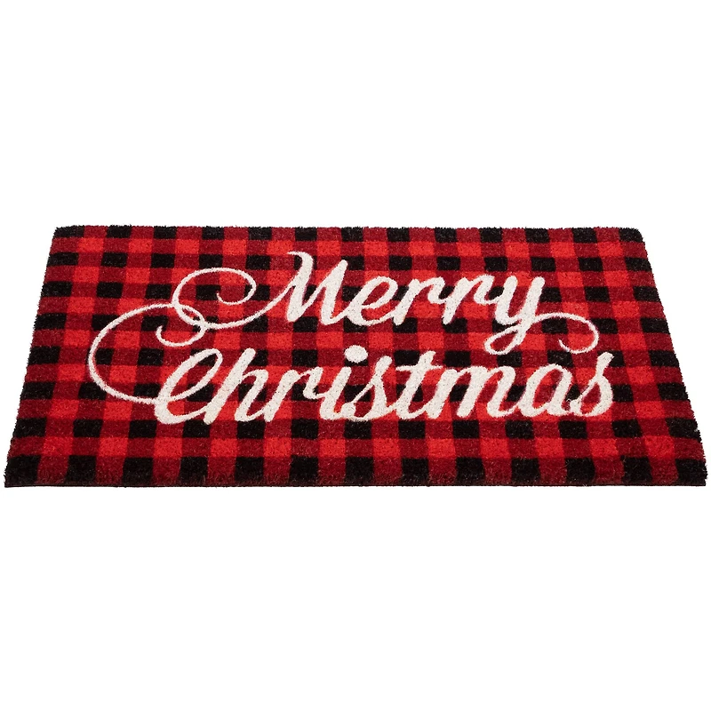 Red and Black Plaid "Merry Christmas" Natural Coir Christmas Outdoor Doormat 18" x 30"