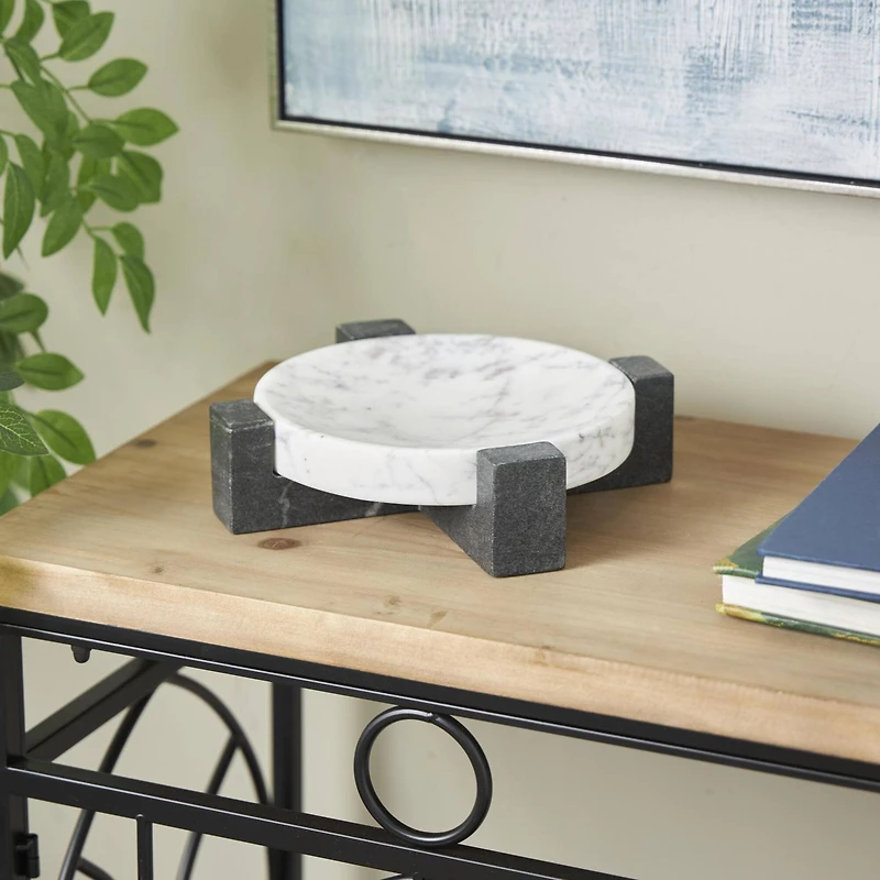 8.25" White Marble Round Tray with Black X-Shaped Base