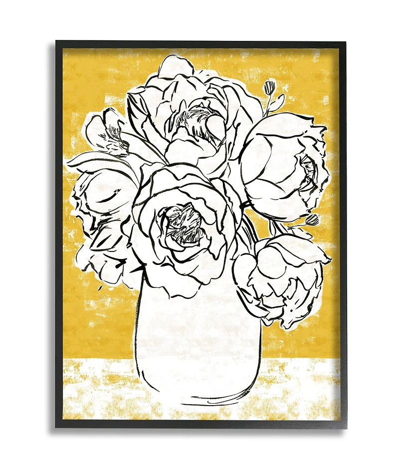 Stupell Industries Peony Sketch Bouquet Contrasted Distressed Yellow Framed Wall Art