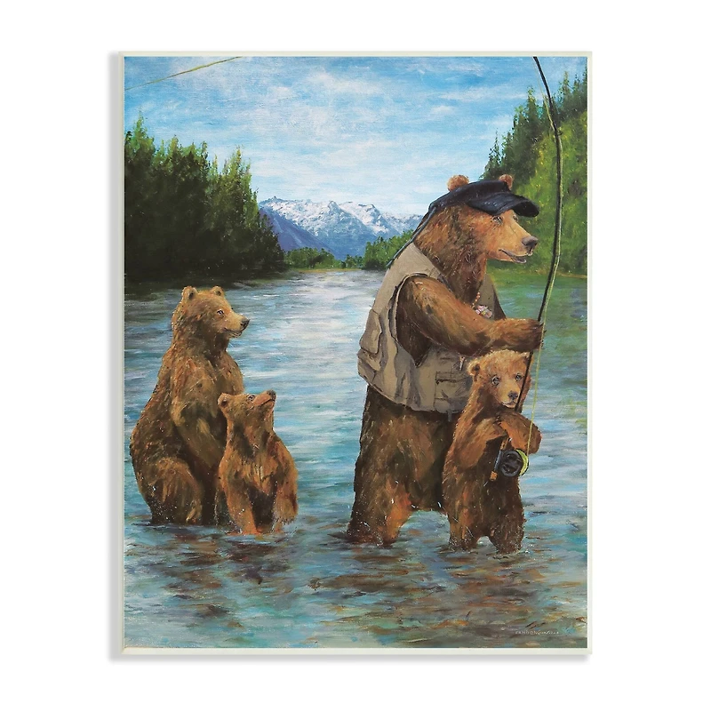 Stupell Industries Brown Grizzly Bear Family Fishing Mountain Lake Landscape Wall Plaque Art
