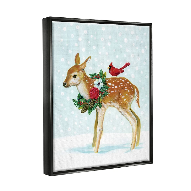 Stupell Industries Snowy Deer Holiday Cardinal Framed Floater Canvas Wall Art