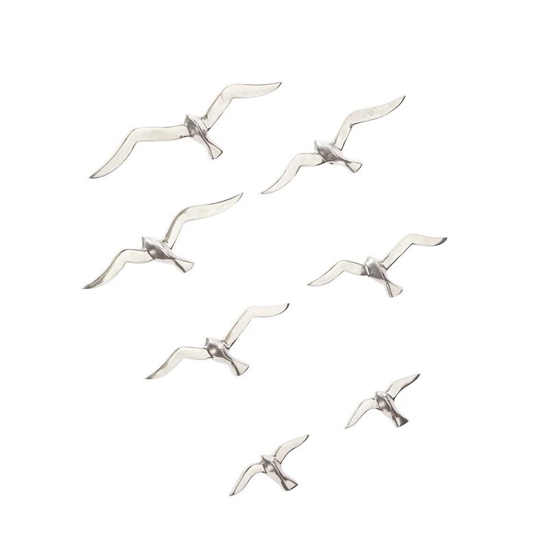Set of 7 Silver Aluminum Coastal Birds Wall Decor, 16" x 4"