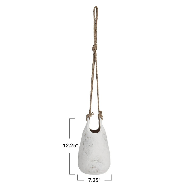 Hello Honey® 12.25" White Distressed Volcano Finish Stoneware Hanging Planter with Jute Rope Hanger