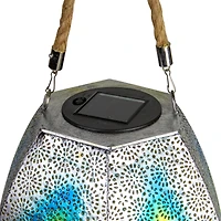 15.5" Silver Floral Outdoor Hanging Solar Lantern with Jute Handle