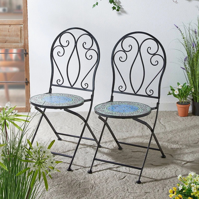 Glitzhome® 36.5" Green Outdoor Metal Folding Bistro Chairs with Ceramic Tiles Seat, 2ct.