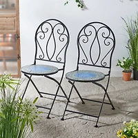 Glitzhome® 36.5" Green Outdoor Metal Folding Bistro Chairs with Ceramic Tiles Seat, 2ct.