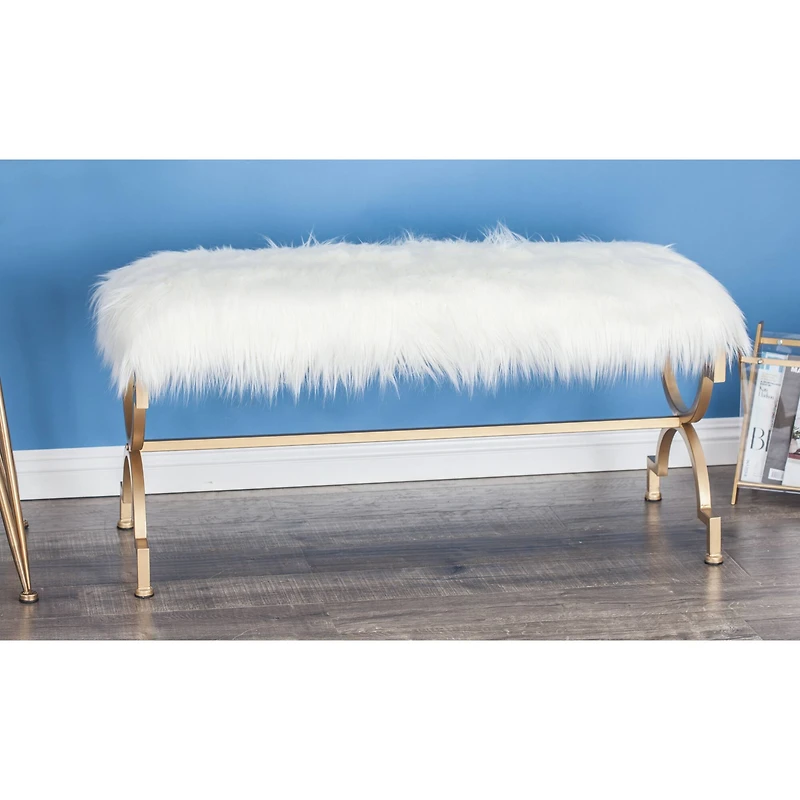 White Fur & Metal Contemporary Bench