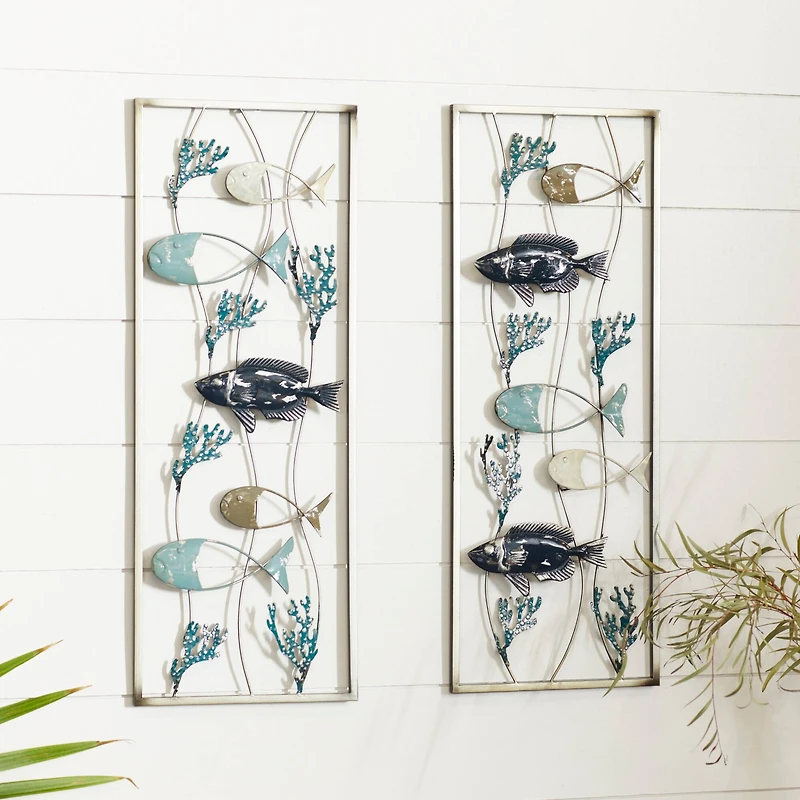 Set of 2 Blue Metal Coastal Fish Wall Decor, 11" x 29"