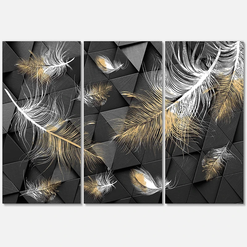 Designart - White and Gold Feathers On Triangular