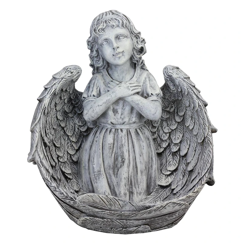 16" Gray Angel Child Wrapped in Wings Outdoor Bird Bath