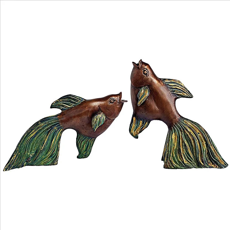 Design Toscano Asian Dancing Betta Fish Spitting Cast Bronze Pond Statue Set