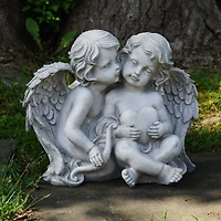 16.25" Gray Sitting Cherub Angels Holding a Heart & Bow Outdoor Statue