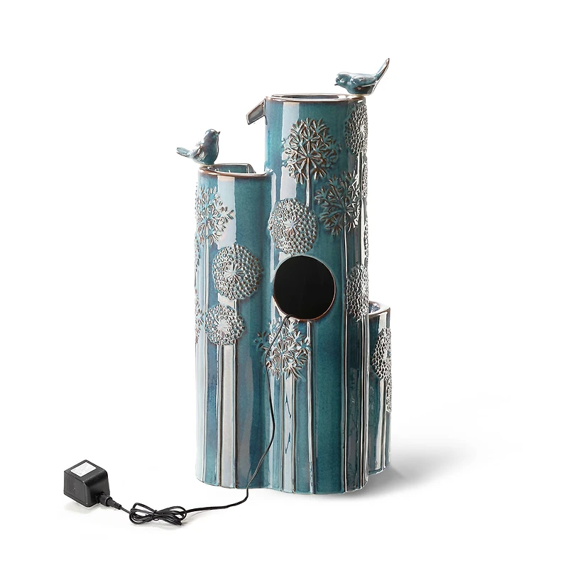 Glitzhome® 31.75" Turquoise 4-Tier Dandelion Texture Vase-Shaped Ceramic Outdoor Fountain with LED Light