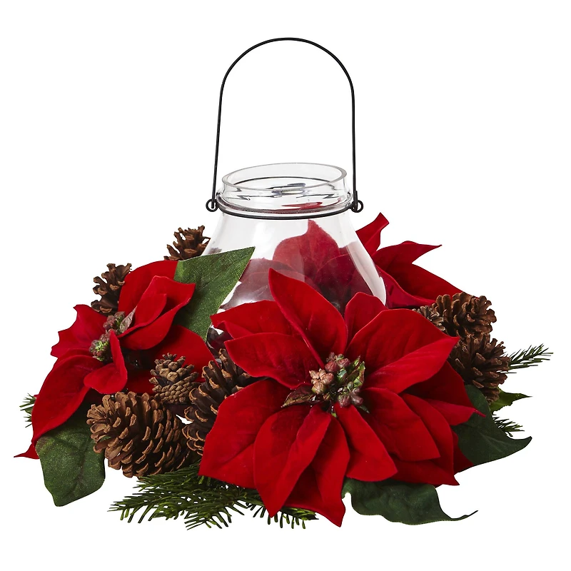 9" Red Poinsettia & Pinecone Candelabrum
