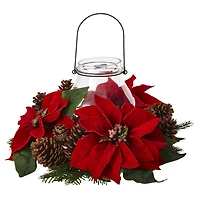 9" Red Poinsettia & Pinecone Candelabrum