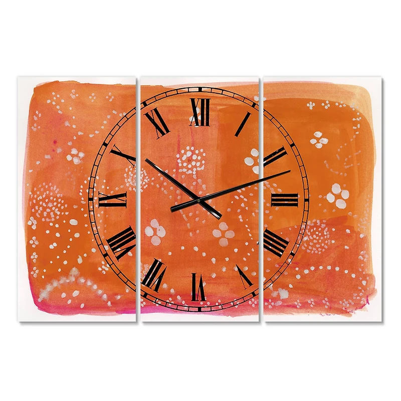 Designart Indian Orange Composition Mid-Century 3 Panel Large Wall Clock
