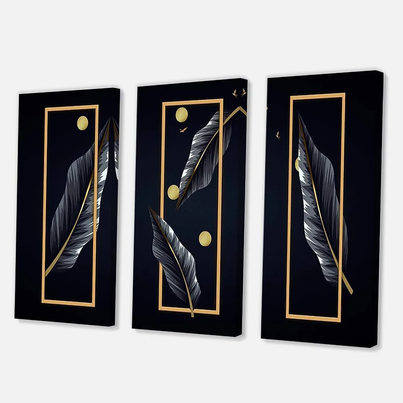 Designart - Black Tropical Leaves With Golden Rectangles