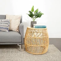 Brown Rattan Handmade Wavy Woven Accent Table with Glass Top