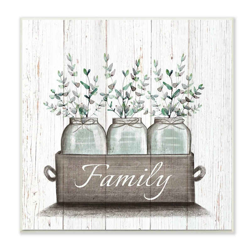 Stupell Industries Green Eucalyptus Foliage Jars with Family Sentiments, 12" x 12"