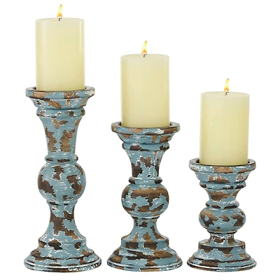Light Blue Mango Wood Country Cottage Candle Holder Set