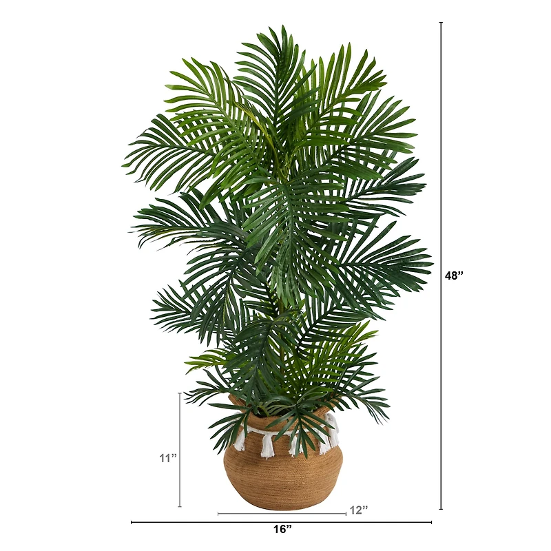 4ft. Areca Artificial Palm Tree in Boho Chic Handmade Natural Cotton Woven Planter with Tassels UV Resistant (Indoor/Outdoor)