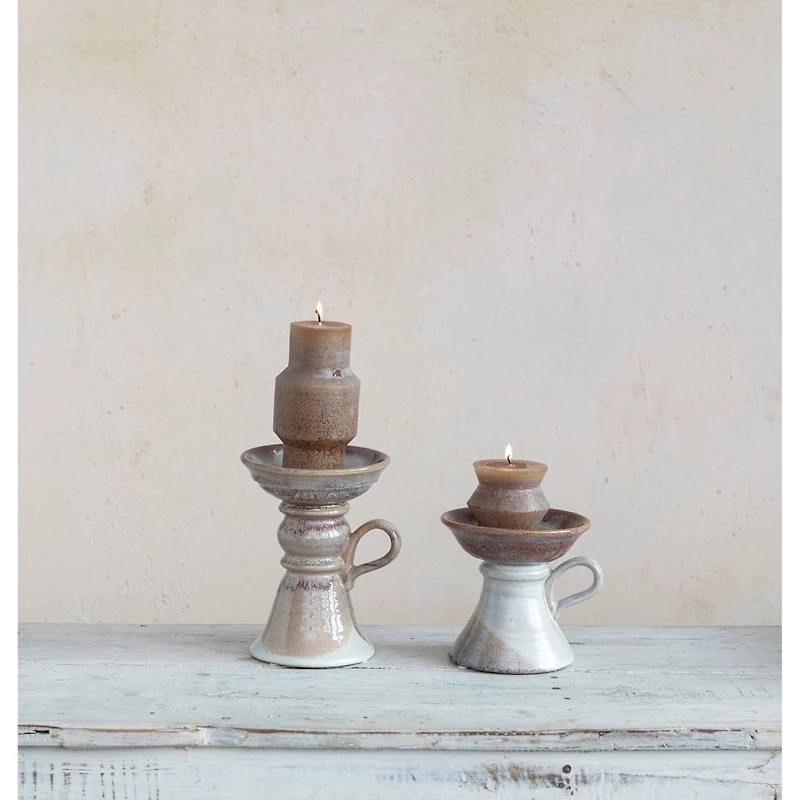 Hello Honey® 7.5" Natural & Cream Stoneware Pillar Holder