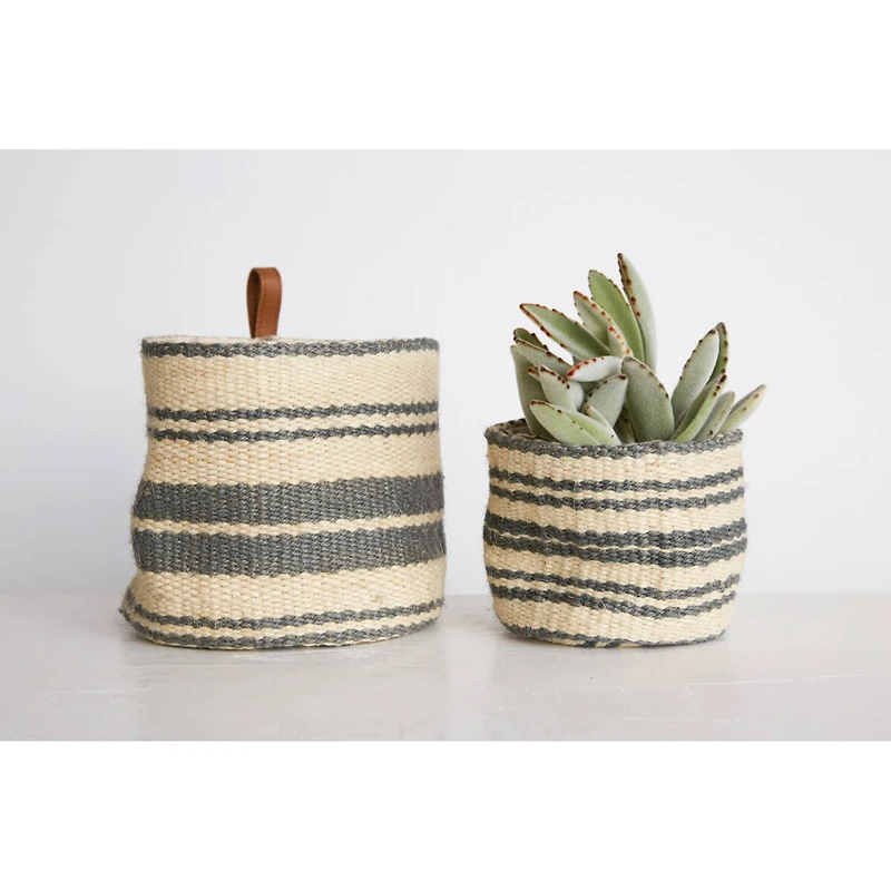 Hello Honey® Cream & Blue Striped Jute Wall Baskets with Leather Loops Set