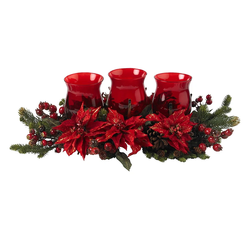 Poinsettia & Berry Triple Candelabrum Artificial Arrangement