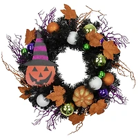 24'' Unlit Jack-O-Lantern in Witches Hat Halloween Pine Wreath