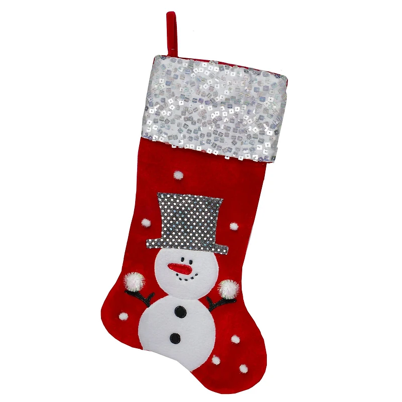20.5" Red Snowman Christmas Stocking with Sequined Cuff